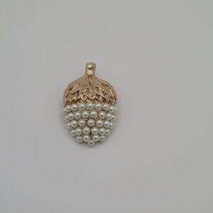 Acorn Faux Pearl Brooch Gold Tone